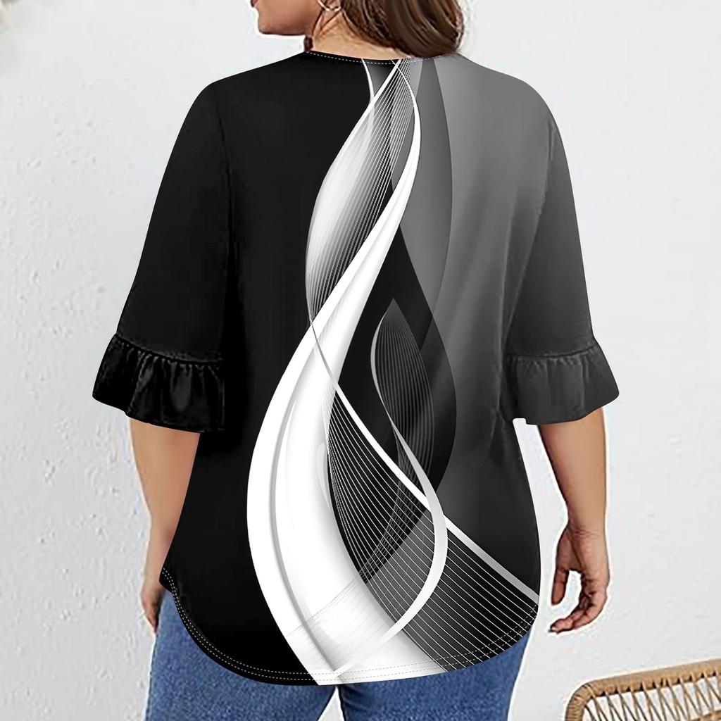 Women's Fashion Casual  Printed V-Neck Pleated Seven Minute Sleeve Ruffle Sleeve T-Shirt Plus Size Tops