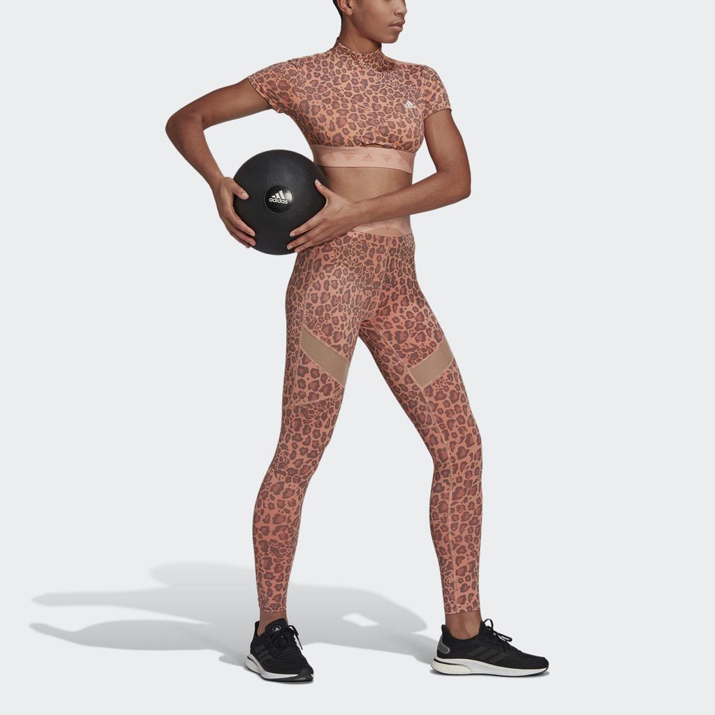 Adidas High Waist Leopard Print Tight Fitness Pants Women Bottoms Pink HM8646