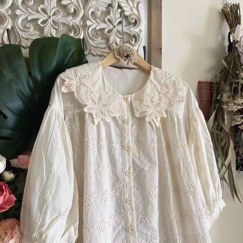 1116 Spring New Women's Lapel Japanese Cotton Shirt Loose Shirt Top Cardigan Vintage ins Mori