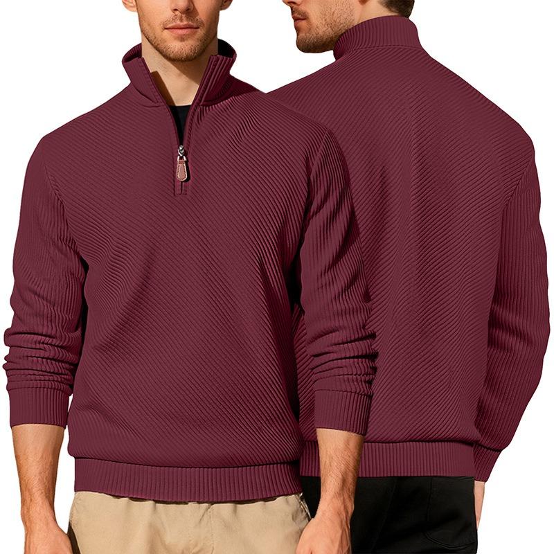 Men's Twill Jacquard Ribbed Half Zip Sweatshirt, Long Sleeve Stand Collar Sport Casual Trendy Pullover Hoodie for Autumn Winter