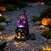 Pryskyřičný kotel čarodějnice Solární soška se svítícím kotlíkem, Venkovní Halloweenské zahradní světlo, Strašidelná dekorativní figurka pro dvorek trávník verandu cestičku