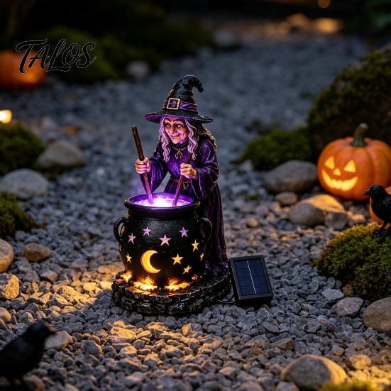Pryskyřičný kotel čarodějnice Solární soška se svítícím kotlíkem, Venkovní Halloweenské zahradní světlo, Strašidelná dekorativní figurka pro dvorek trávník verandu cestičku