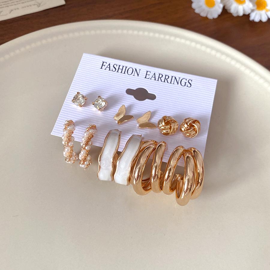 Steel Needle Diamond Butterfly Pearl Earrings Twelve-piece Set Retro Versatile Earrings Women's Fashion Earrings Design Sense Niche