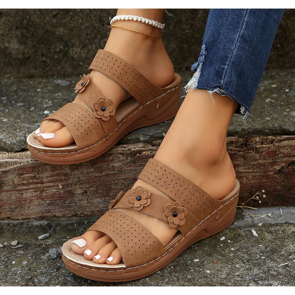 Nové letní Dámské sandály na klínu Prémiové ortopedické sandály s otevřenou špičkou Vintage Protiskluzová kůže Neformální Dámské Retro boty na platformě
