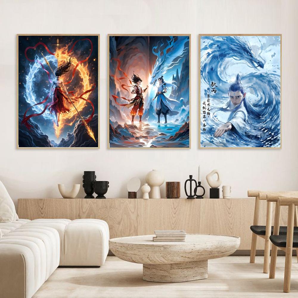 Chinese Anim Nezha Painting Calligraphy HD Canvas Poster living room bedroom bar aesthetic decoration