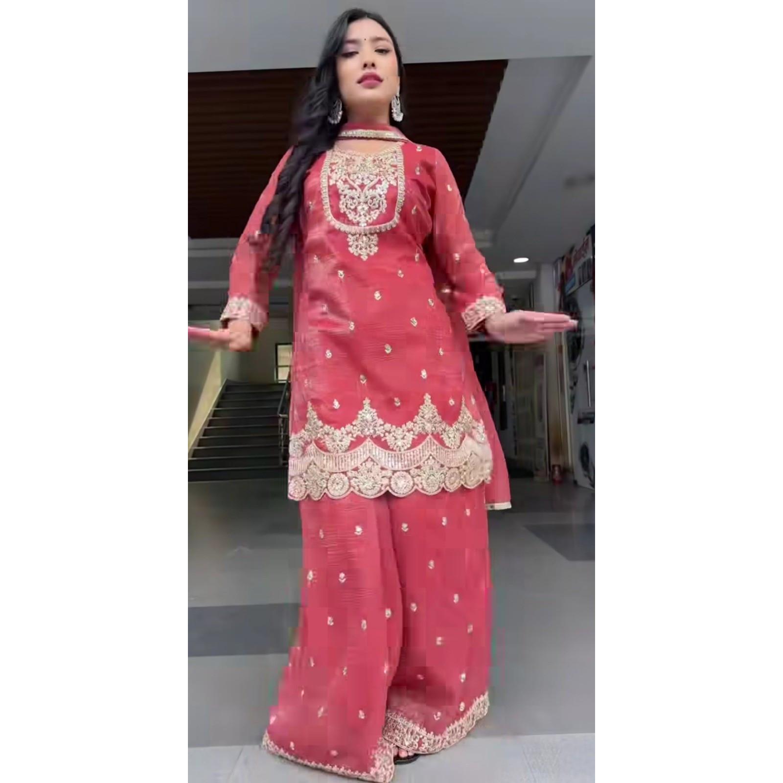Heavy Crunchy Silk Paksiatni Sharara Palazzo Suit Indian Ethnic Salwar Kameez