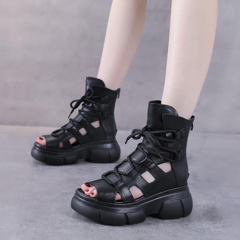 Fashion 6.5CM Retro Genuine Leather Open Toe Sandals Women Summer Platform Increasing Hollow Back Zipper High Top Casual Sandals Black