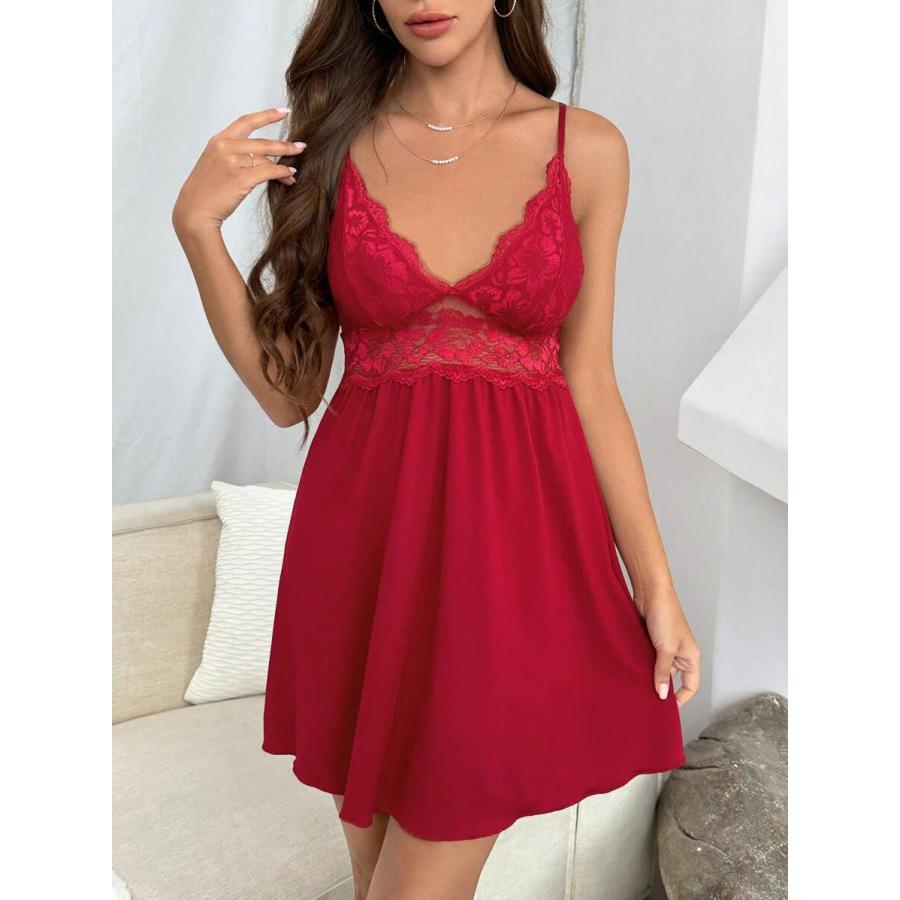 Ladies pajamas, lace stitching seductive deep V suspender nightgown sexy loungewear