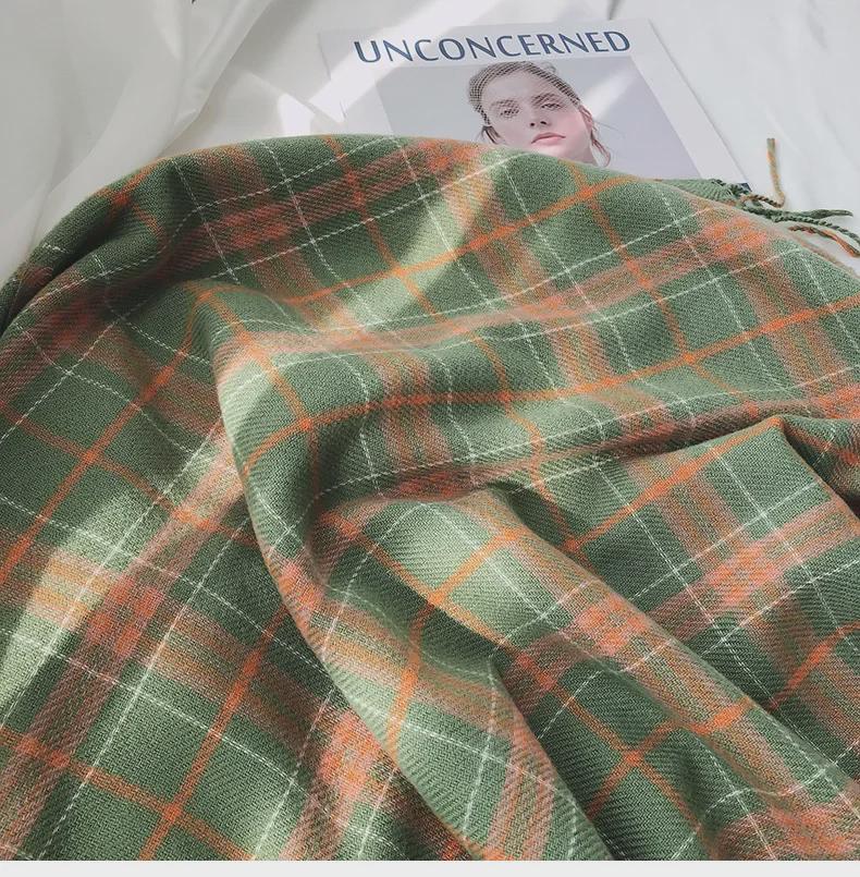 Fular Plaid din Cașmir Imitat pentru Femei - Stil Coreean/Japonez, Șal Cald cu Ciucuri în Culori Contrastante pentru Toamnă/Iarnă.