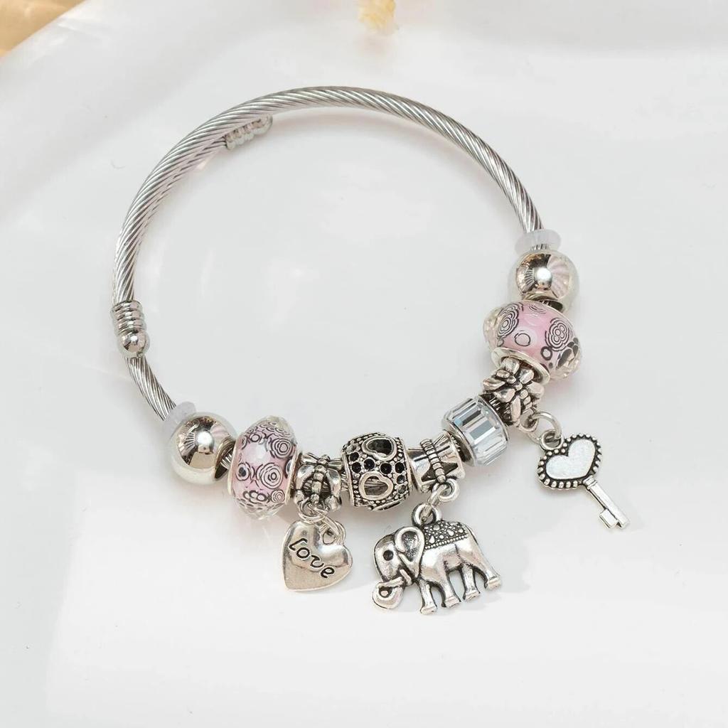 Obega Key Lock Crown Charm Bracelet Pink Glass Beads Elephant Bear Fatima Hand Clock Charm Bracelets Women Jewelry Love Gift