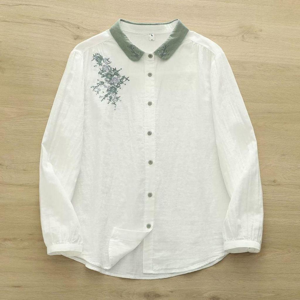 Dames Retro Kleurblok Geborduurde Katoen Linnen Lange Mouw Shirt - Lente/Herfst