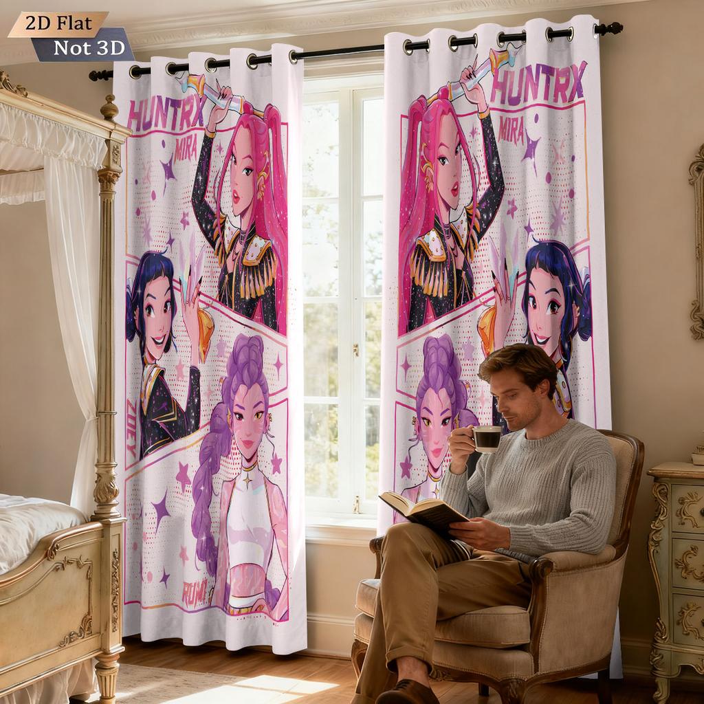 2pcK-Pop Demon Hunters printed blackout perforated curtains with multiple sizes living room and bedroom insulation decoration
