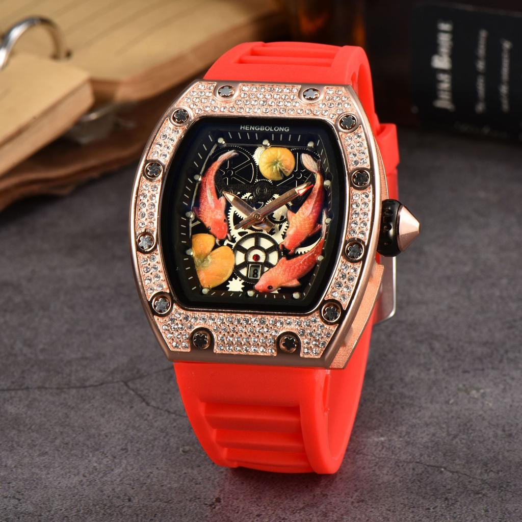 2025 Hengbolong Diamond Quartz Watch Men's Fashion Koi Pattern Strap Calendar Silicone Watch Strap