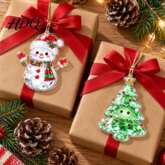 Acrylic Hanging Decor 2 Pcs Christmas Ornament Crystal Snowman Cat Santa Pattern Decoration Celebration Supplies Double Sided 2D Pendant for Holiday