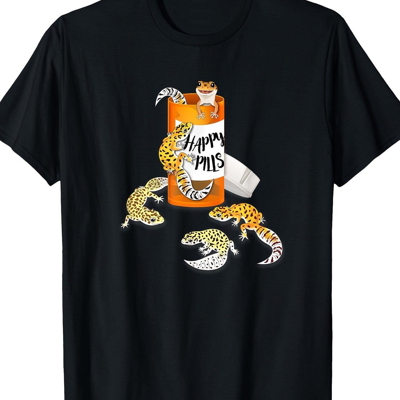 Leopard Gecko Happy Pills Funny Reptile Lover Graphic Tee Soft Casual TShirt S