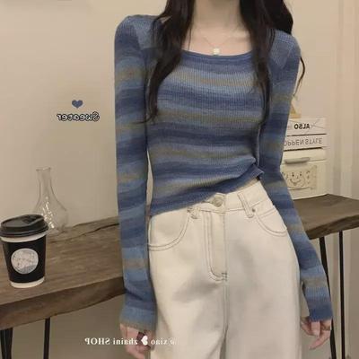 Pulover de toamnă cu mânecă lungă, cu dungi contrastante, slim fit pentru femei