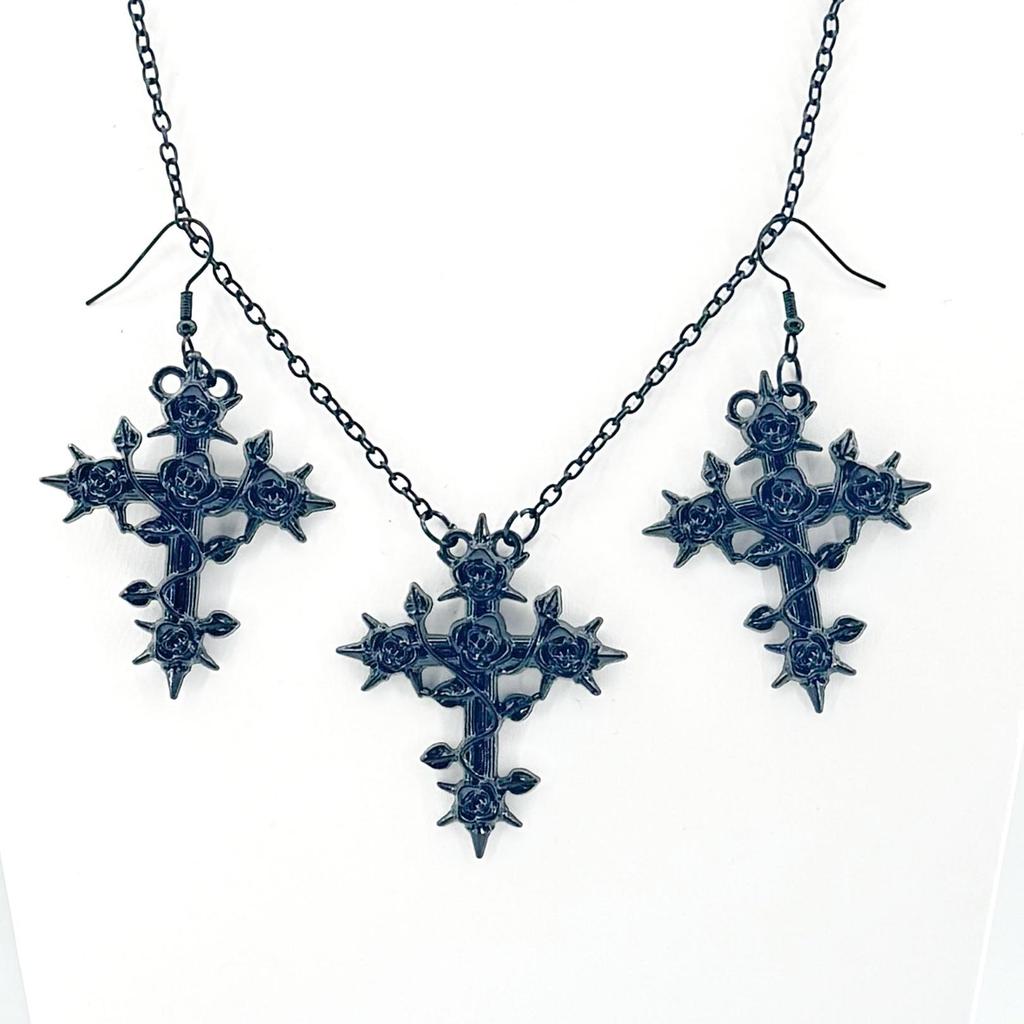 Niche Rose Cross Pendant & Clavicle Necklace with Earrings Set