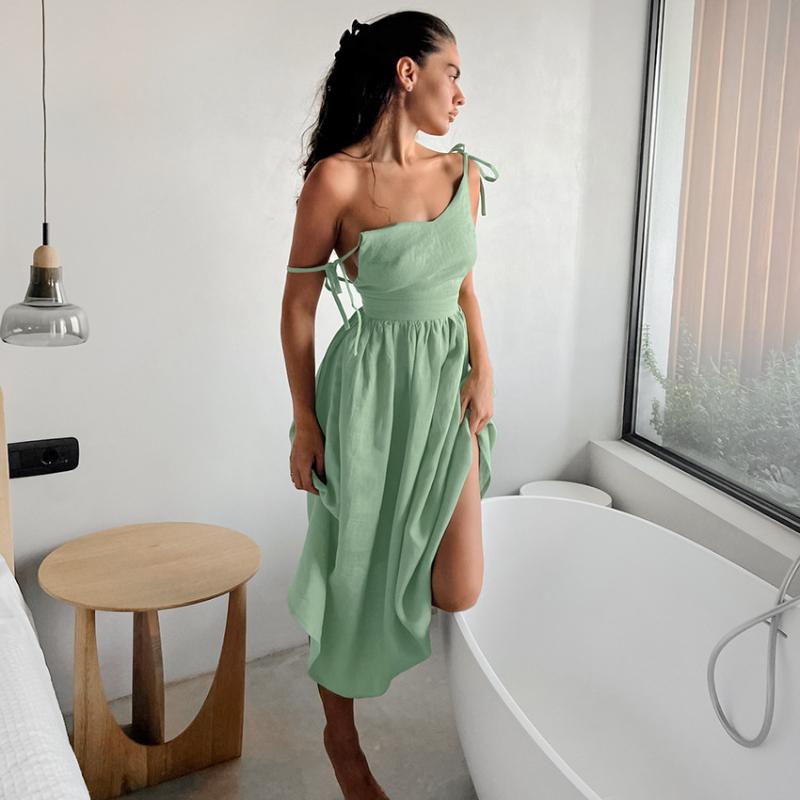 LYRIA French-style khaki cotton and linen breathable spaghetti-strap high-waisted dress, new European and American style, vacation style long dress