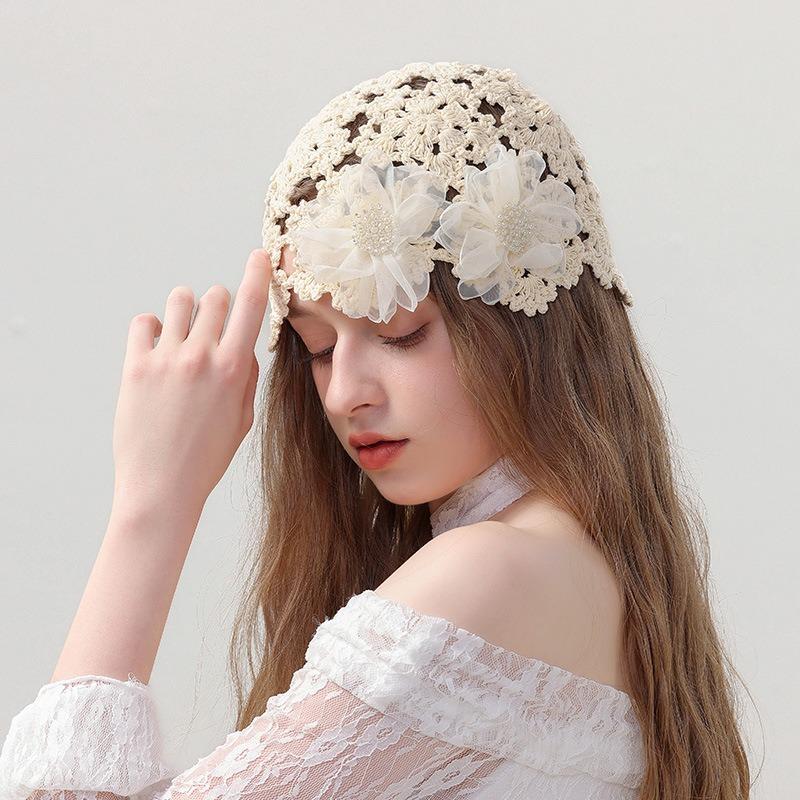Fashion Sweet Flower Hollow Bag Hat Women's Spring and Autumn Handwoven Crochet Flower Headscarf Hat Vacation Retro Knitted Hat