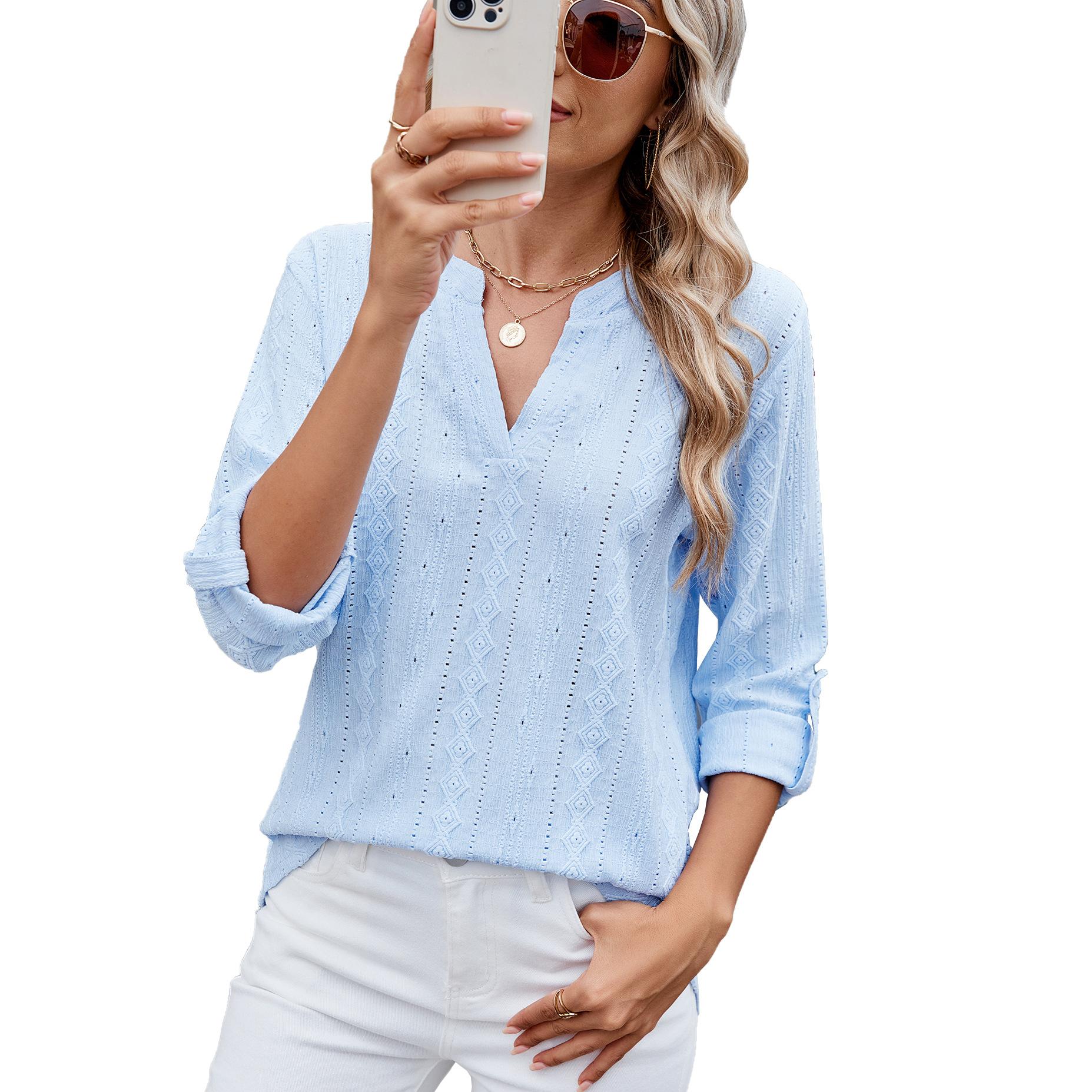 

YYFS Женская мода Повседневная Летняя Весна Однотонный Принт Рукава 3/4 V-образный Вырез Блузки и Рубашки XXL небесно-голубой