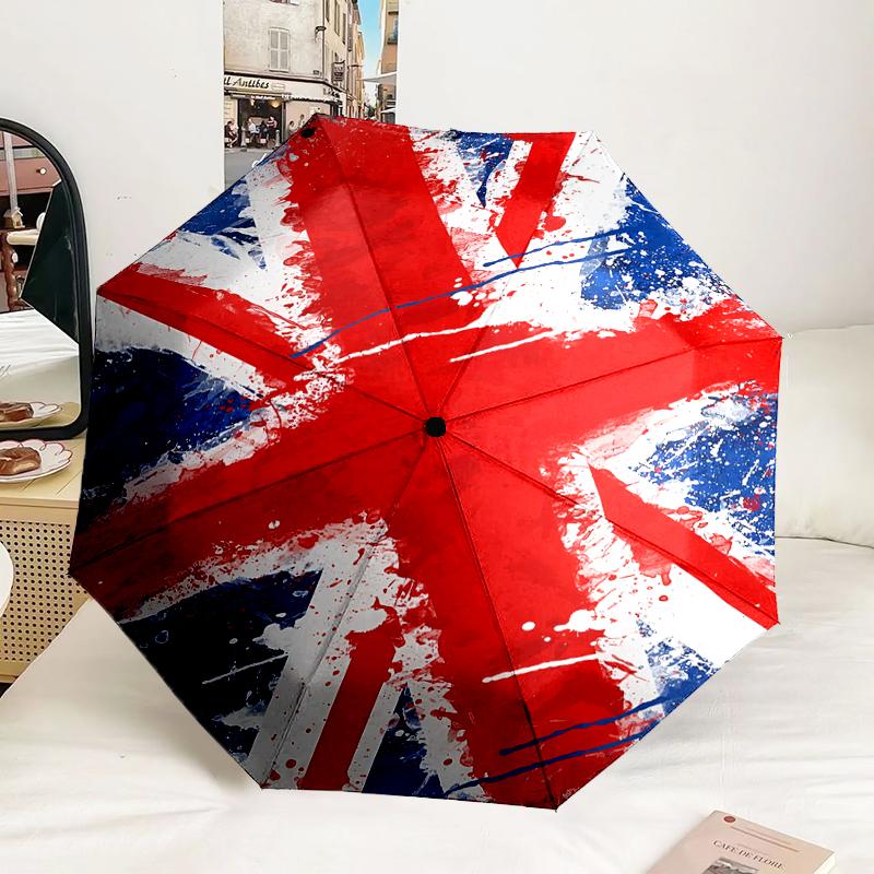British Flag Artwork Automatic Folding Umbrella - 8-Rib Travel Umbrella with Auto Portable Case, Ideal Gift for Birthdays