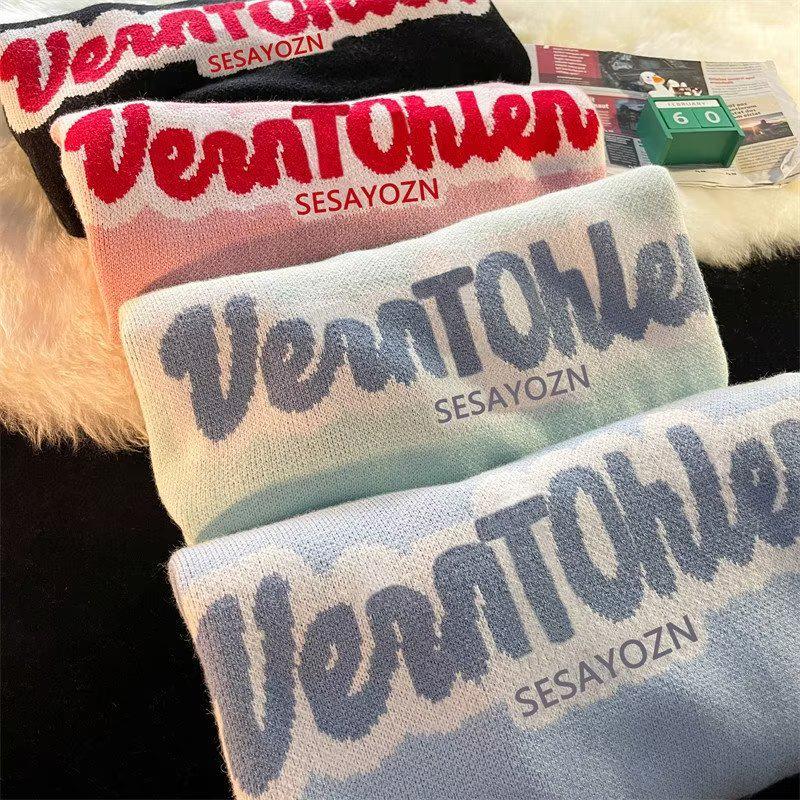 Men's Japanese Lazy Style Round Neck Sweater - Trendy Loose Fit Knitwear with Casual Letter Towel Embroidery