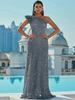 2025 Silver Sequin One-Shoulder Backless Prom Gown