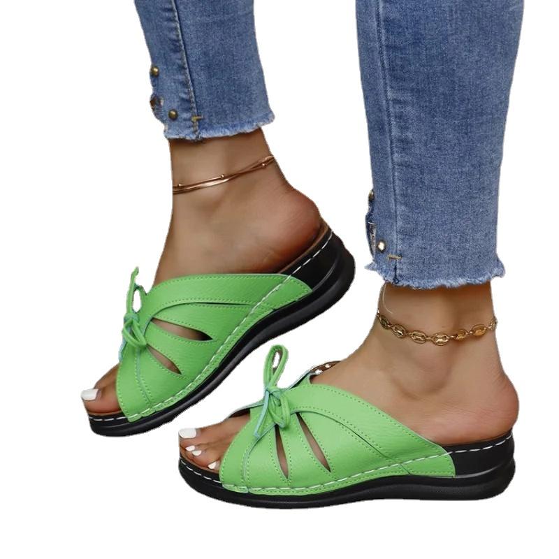 fashion Women Bow Wedges Slippers Platform High Heels Shoes Summer Beach Flip Flops Female New Fashion Sandals Casual Slides Big Size 43