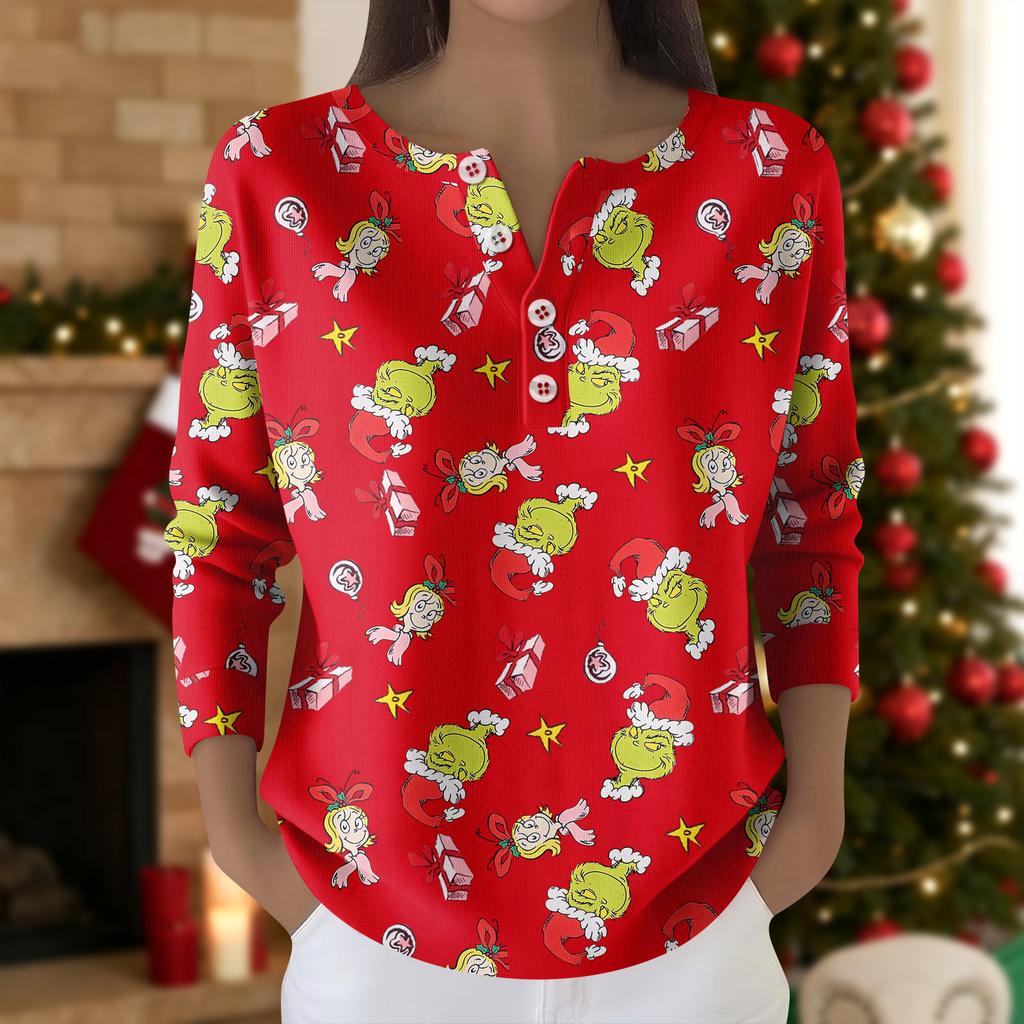 Damemote langermet juletopp med snøfnuggtrykk Elegant avslappet topp