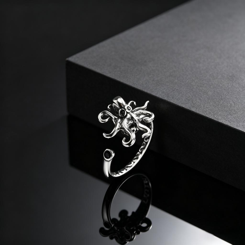 Modischer cooler drehbarer Oktopus-Ring für Männer, offener Ring mit Oktopus-Tentakeln aus Edelstahl, Unisex-Fingerring-Geschenk