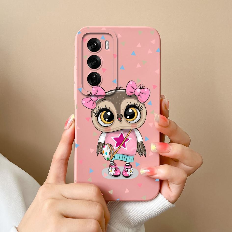 Silikonový kryt pro Oppo Realme C63 C61 Narzo N63 Reno12 Pro F 5G s kresleným vzorem kočky a sovy, odolný proti pádu, měkký silikonový chránič obrazovky pro telefon, pouzdro pro OPPO