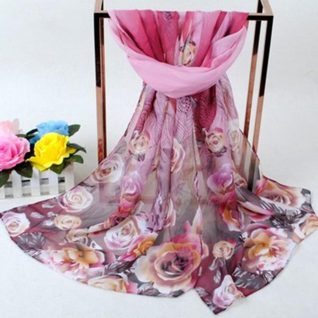 Print Floral Chiffon Scarf Shawl Women Sunscreen Simulation Silk Scarf Turban Long Wrap Beach Travel Outdoor Accessories Trendy Headband