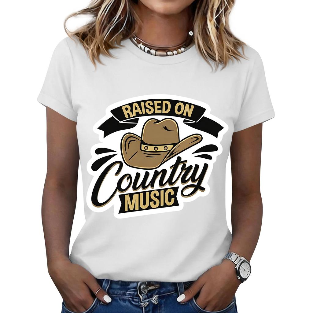 Women's Fashionable Casual Music Festival Print Round-Neck Short-Sleeve T-Shirt