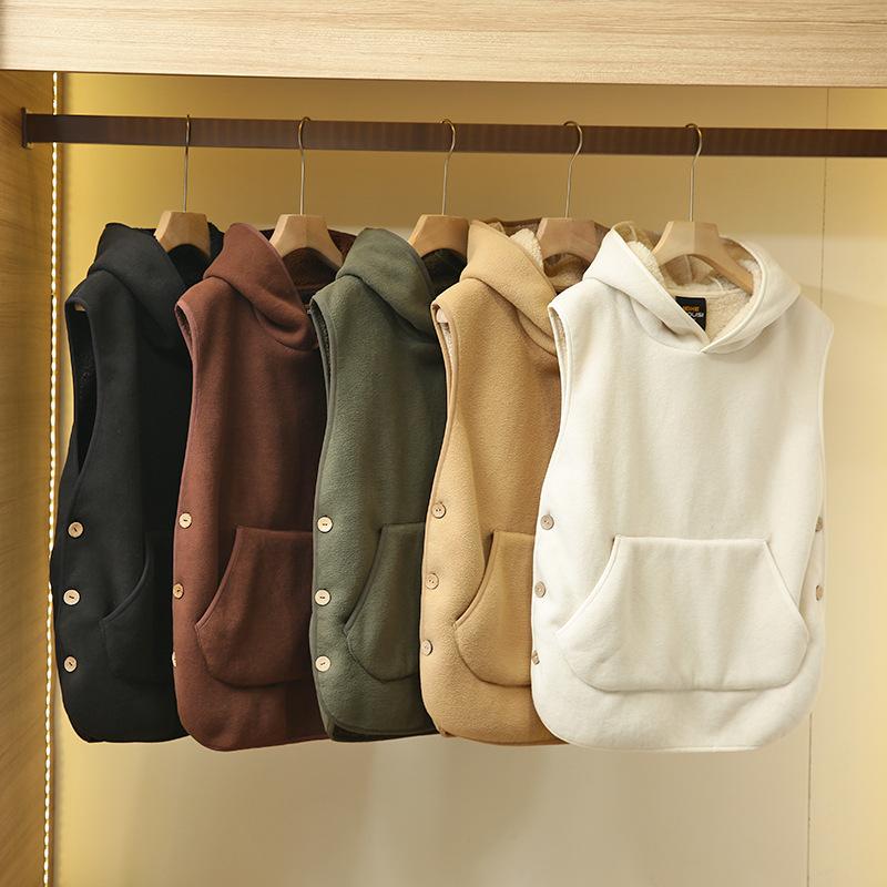 Lady Thermal Vest Women Side Button Closure Fleece Hooded Vest Solid Color Front Pocket Casual Fall Winter