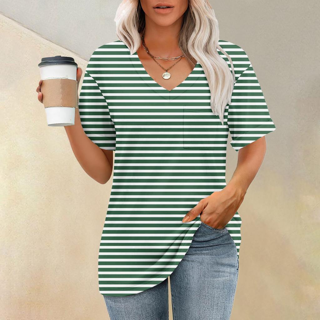 Fashion Pocket V-Neck Short Sleeve Striped Print T-Shirt Top