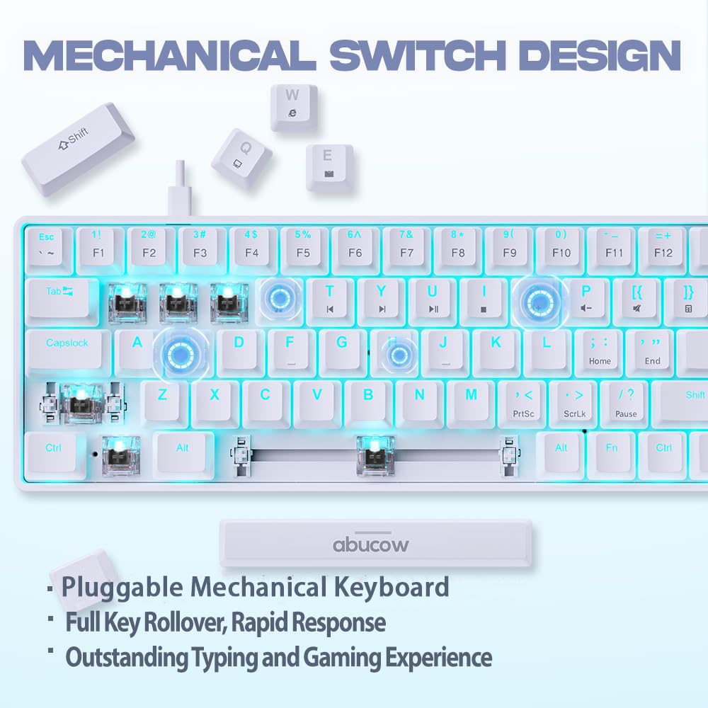 Abucow Mechanical Gaming Black Wired Compact Keyboard with Blue LED Replaceable White Compatible with 60% Keyboard, Switches, Backlight, Keycaps,
