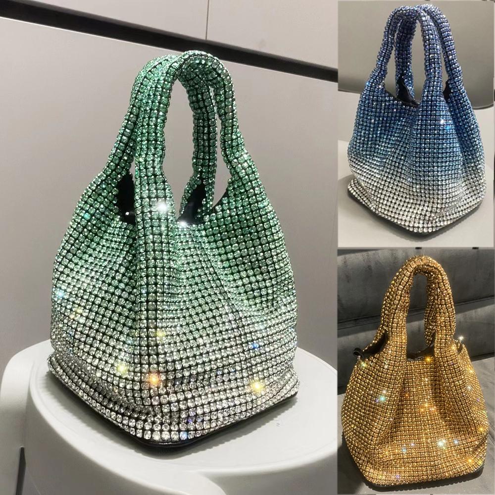 Fashion Rhinestone Small Bucket Bag for Women Sling Shoulder Crossbody Bag with Diagonal Chain Stylish Ladies Handbag