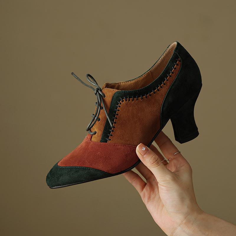 Fashion 2025 New Spring Autumn Retro Mature Women Pumps Office Ladies High-heeled Lace-Up Genuine Leather Suede Shoes Woman High Quality
