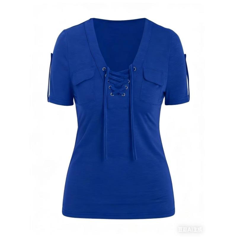 Women S Casual Short Sleeve V Neck Lace Up Solid Color T Shirt