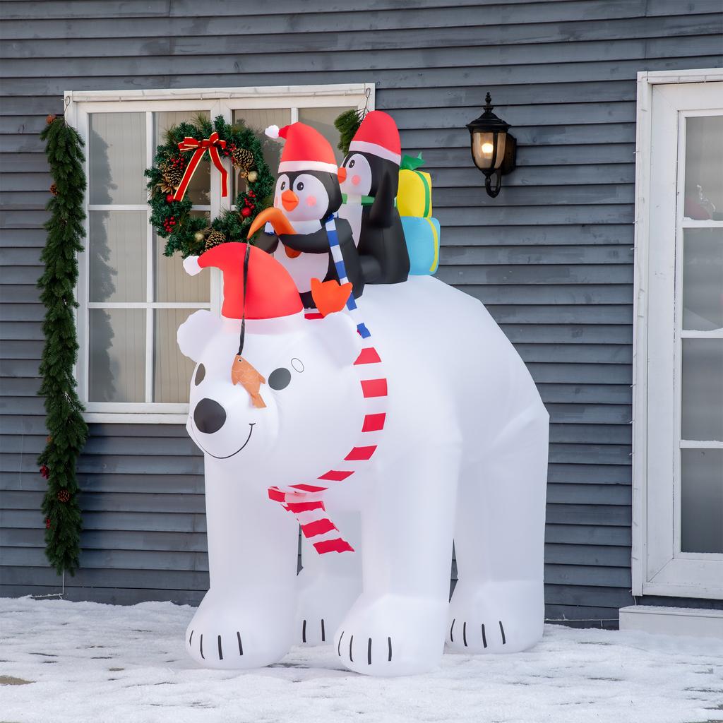 Inflatable Christmas Polar Bear with LED Lights, 206cm Waterproof Inflatable Christmas Decoration with 2 Penguins