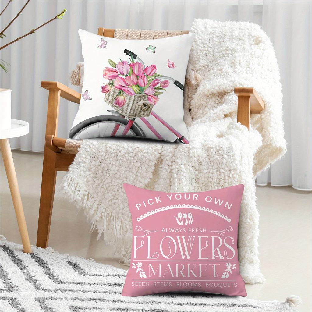 Set of 4 Pink Bicycle Tulip Spring Throw Pillow Covers, Suitable for Bedding And Sofas In The Bedroom