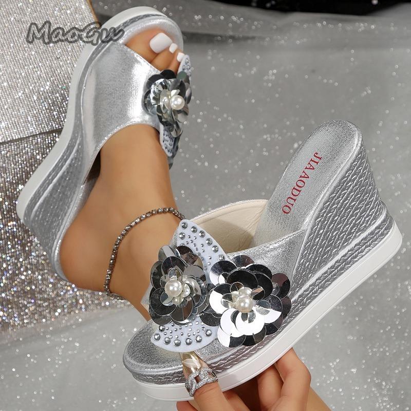 Fashion Women Flower Decor Wedge Sandals Sequins Rhinestone Slip on Open Toe Platform Sandalias Ladies Summer Footwear Sandals Size34 41