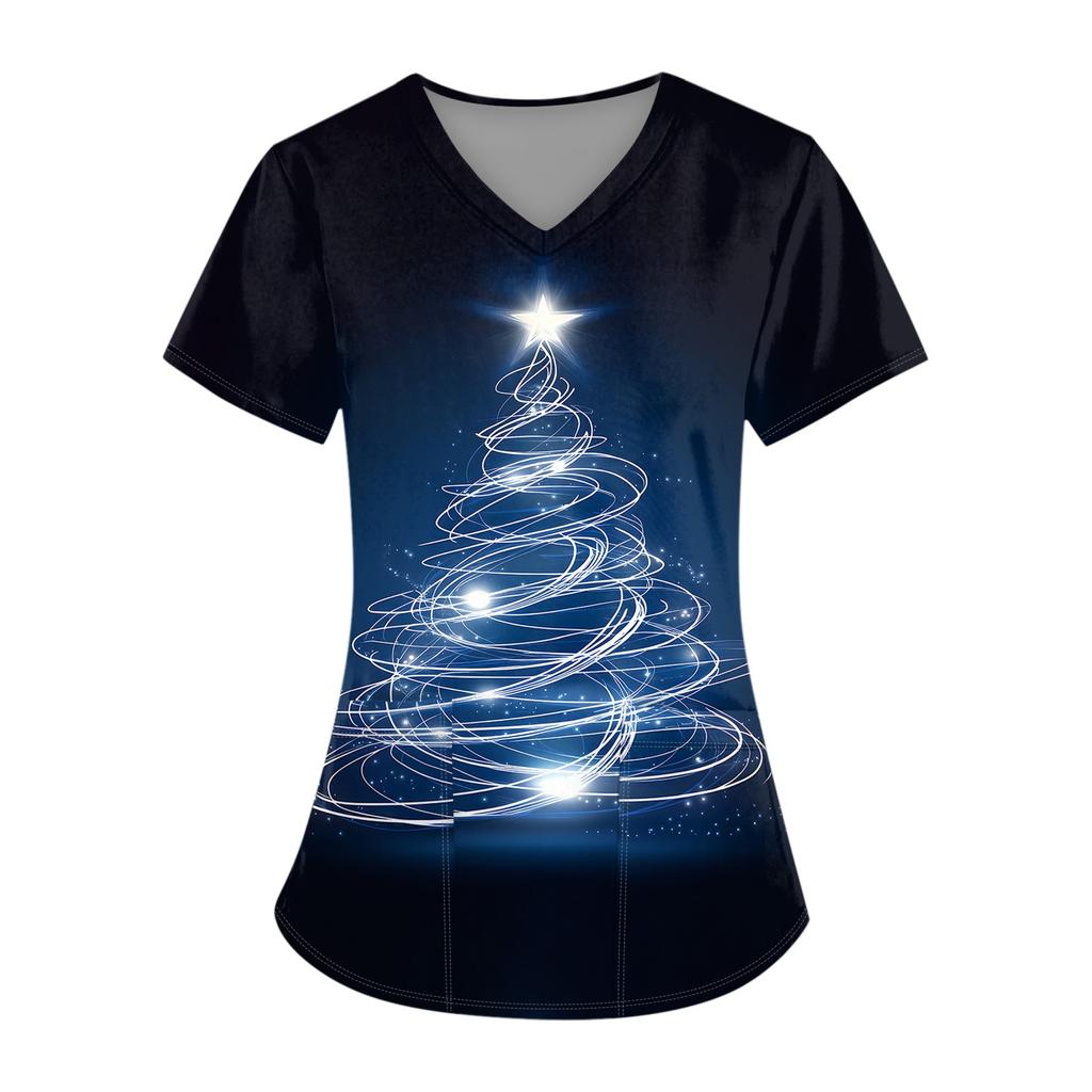 Hauts d'uniforme de travail imprimés grande taille pour femmes, col en V croisé, imprimé Halloween, manches courtes, t-shirts amusants, t-shirts de travail avec poches