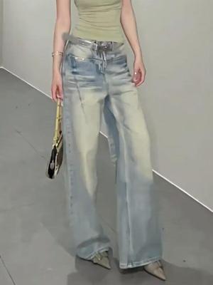 Letnie Damskie Jeansy Retro z Wysokim Stanem, Spranie Vintage, Prosta Nogawka, Długość do Ziemi, 2026