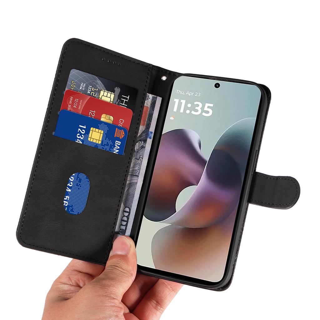 For Motorola Moto G56 5G Wallet Case Leather Phone Cover Stand with Curved Line Design -  Black
