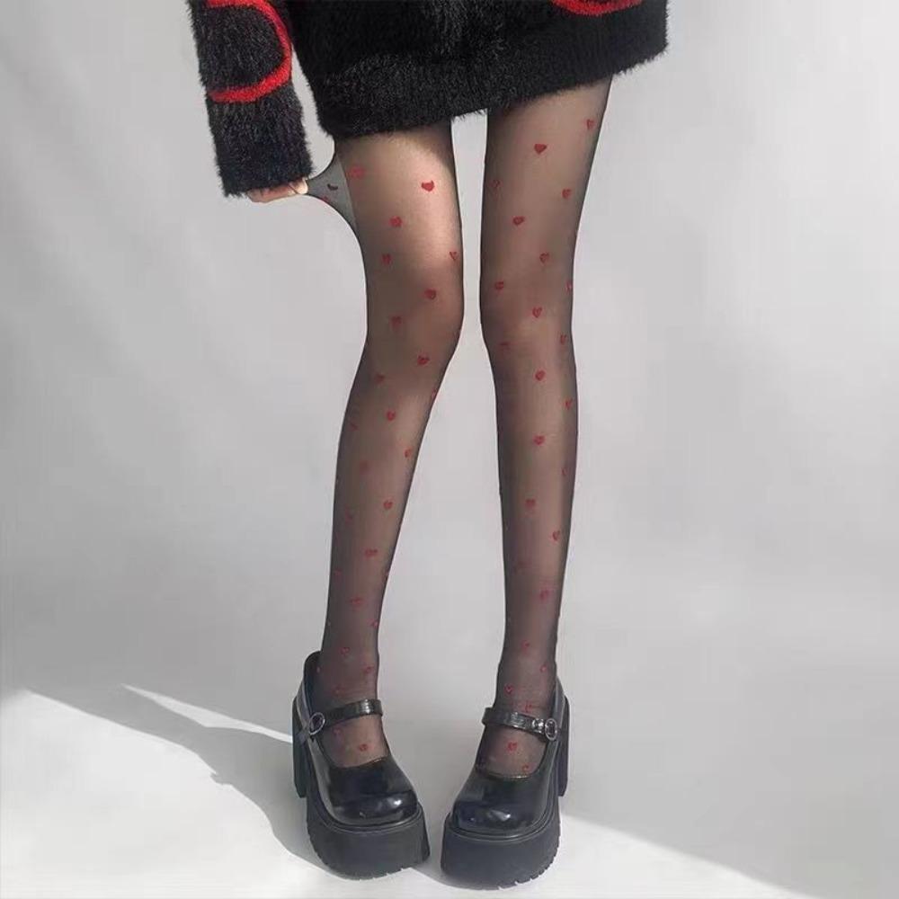 Christmas Gifts Female Alluring Hosiery Red Heart Print Pantyhose Exquisite Silk Stockings