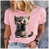 Unisex 100% Polyester Summer Top Cute and Playful Grey Tabby Cat Print Loose Round Neck Short Sleeve Fashion for Lovers