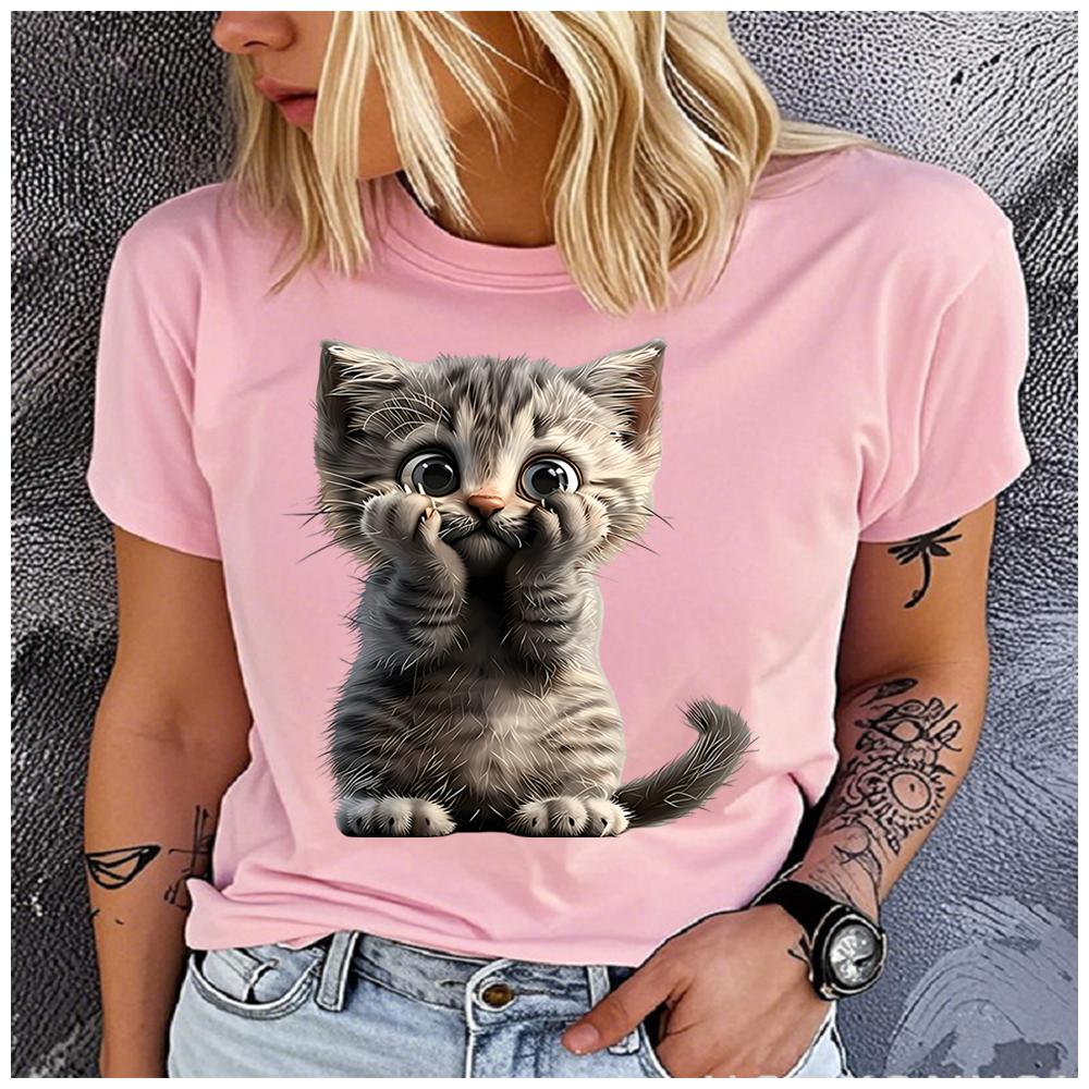 Unisex 100% Polyester Summer Top Cute and Playful Grey Tabby Cat Print Loose Round Neck Short Sleeve Fashion for Lovers