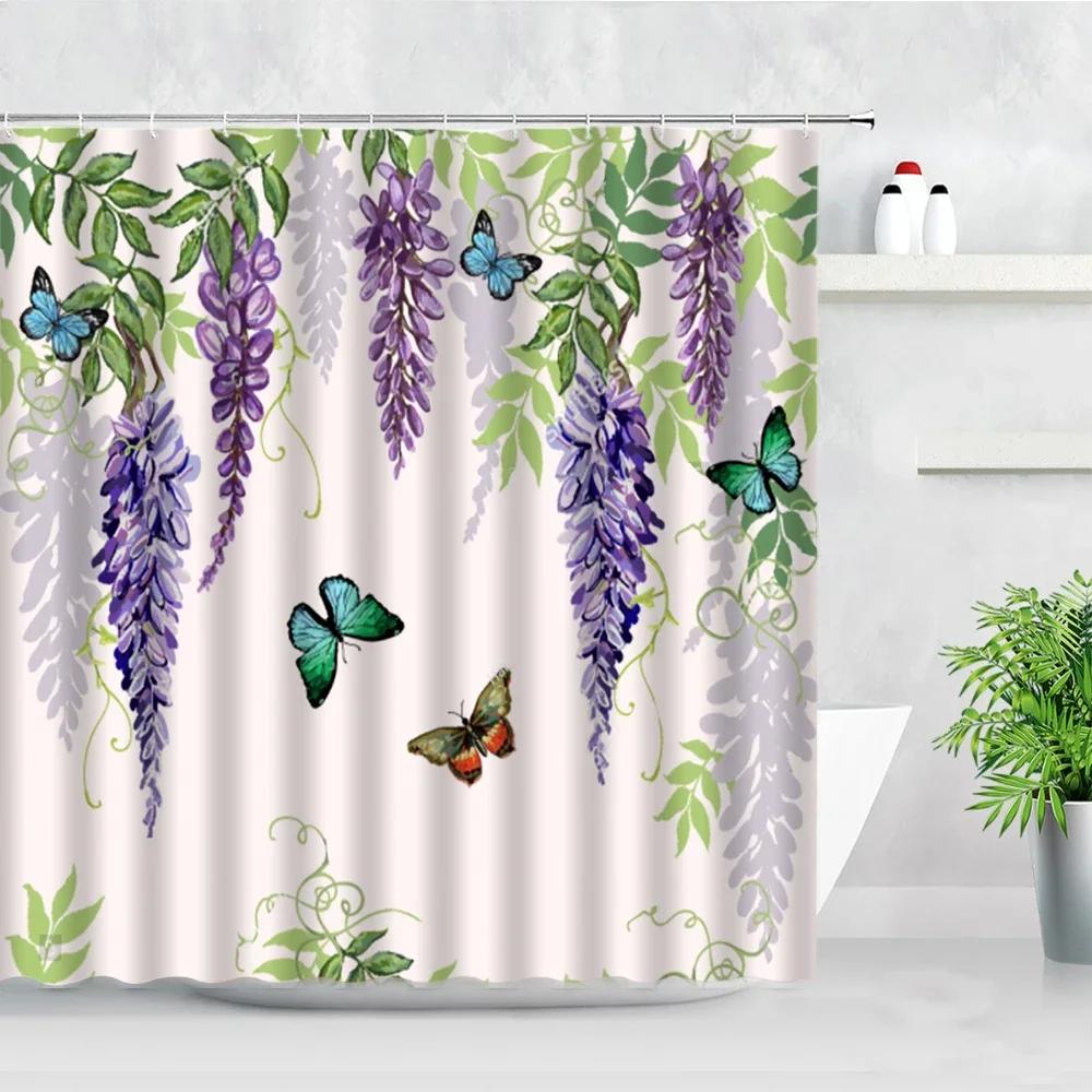 3D fialové květinové sprchové závěsy Vodotěsná koupelnová zástěna Wisteria Květ motýl Levandule Dekor do vany Koupelnový závěs Baño