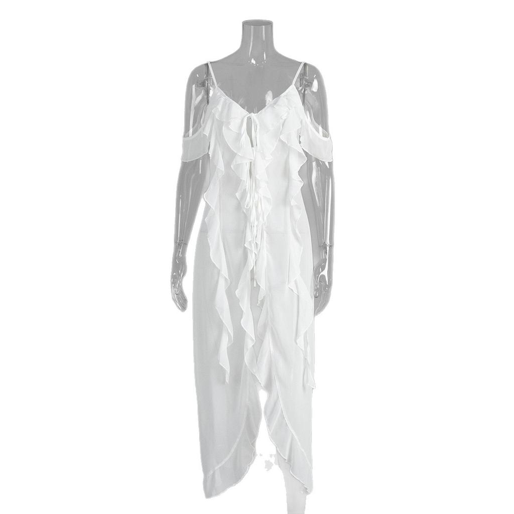 Xiecha sexy Trägerkleid, Europäisches und Amerikanisches Sommer-Neues V-Ausschnitt-Trägerkleid mit Lotosblatt-Saum für Damen